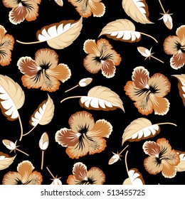 Vector hibiscus flowers and buds retro seamless pattern illustration in beige colors on black background.