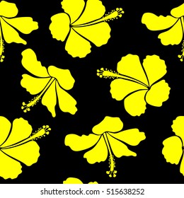 Vector hibiscus flowers and buds retro seamless pattern illustration in yellow colors on black background.