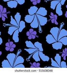 Vector hibiscus flowers and buds retro seamless pattern illustration in violet and blue colors on black background.
