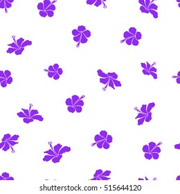 Vector hibiscus flowers and buds retro illustration in violet colors on white background.