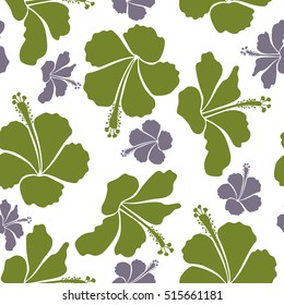 Vector hibiscus flowers and buds retro seamless pattern illustration in green and neutral colors on white background.
