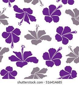Vector hibiscus flowers and buds retro seamless pattern illustration in purple and neutral colors on white background.