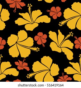 Vector hibiscus flowers and buds retro seamless pattern illustration in orange and yellow colors on black background.