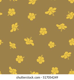 Vector hibiscus flowers and buds retro seamless pattern illustration in brown and yellow colors.