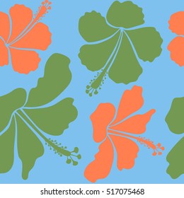 Vector hibiscus flowers and buds retro seamless pattern illustration in blue, green and orange colors.