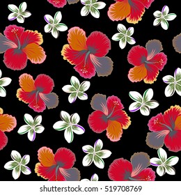 Vector hibiscus flowers and buds retro seamless pattern illustration in neutral, red and pink colors on black background.