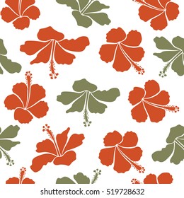 Vector hibiscus flowers and buds retro seamless pattern illustration in brown and orange colors on white background.
