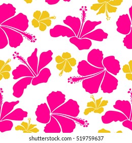 Vector hibiscus flowers and buds retro seamless pattern illustration in yellow and magenta colors on white background.