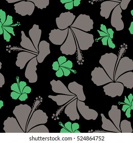 Vector hibiscus flowers and buds retro seamless pattern illustration in gray and green colors on black background.
