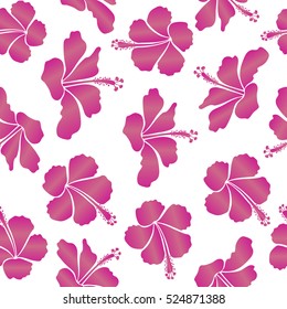 Vector hibiscus flowers and buds retro seamless pattern illustration in pink and magenta colors on white background.
