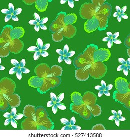 Vector hibiscus flowers and buds retro seamless pattern illustration in neutral, green and blue colors.