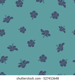 Vector hibiscus flowers and buds retro seamless pattern illustration in blue colors.