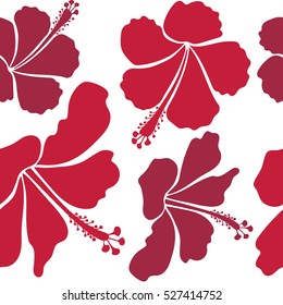 Vector hibiscus flowers and buds retro seamless pattern illustration in red and beige colors on white background.
