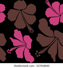 Vector hibiscus flowers and buds retro seamless pattern illustration in brown and magenta colors on black background.
