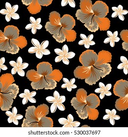 Vector hibiscus flowers and buds retro seamless pattern illustration in brown, orange and beige colors on black background.