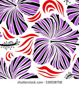 Vector hibiscus flowers and buds retro seamless pattern illustration in violet and black colors on white background.