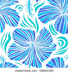 Vector hibiscus flowers and buds retro seamless pattern illustration in blue colors on white background.