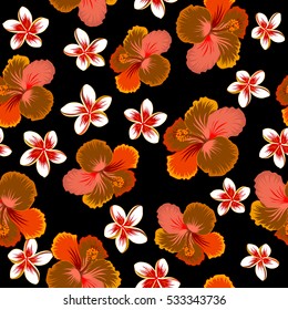 Vector hibiscus flowers and buds retro seamless pattern illustration in orange, red and brown colors on black background.