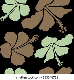 Vector hibiscus flowers and buds retro seamless pattern illustration in neutral and beige colors on black background.