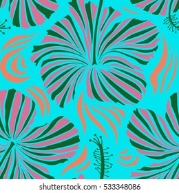 Vector hibiscus flowers and buds retro seamless pattern illustration in pink, green and blue colors.
