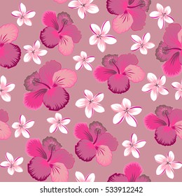 Vector hibiscus flowers and buds retro illustration in pink, magenta and purple colors.