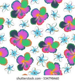 Vector hibiscus flowers and buds retro seamless pattern illustration in yellow, blue and green colors on white background.