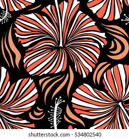 Vector hibiscus flowers and buds retro seamless pattern illustration in white and orange colors on black background.