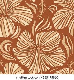 Vector hibiscus flowers and buds retro seamless pattern illustration in brown and beige colors.