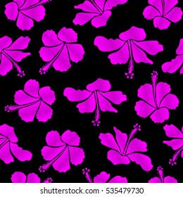 Vector hibiscus flowers and buds retro illustration in magenta colors on black background.