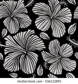 Vector hibiscus flowers and buds retro seamless pattern illustration in gray colors on black background.