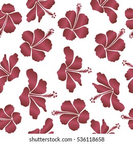 Vector hibiscus flowers and buds retro illustration in brown and pink colors on white background.