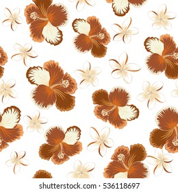 Vector hibiscus flowers and buds retro illustration in beige, brown and orange colors on white background.