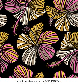 Vector hibiscus flowers and buds retro seamless pattern illustration in beige, pink and yellow colors on black background.