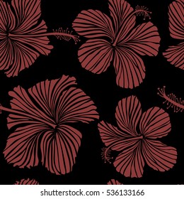 Vector hibiscus flowers and buds retro seamless pattern illustration in red colors on black background.