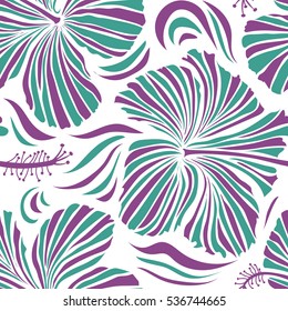 Vector hibiscus flowers and buds retro seamless pattern illustration in blue and purple colors on white background.