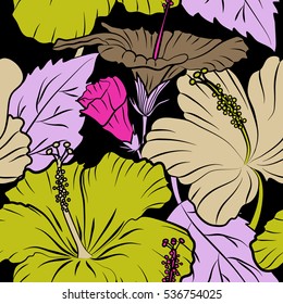 Vector hibiscus flowers and buds retro seamless pattern illustration in yellow and beige colors on black background.