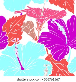 Vector hibiscus flowers and buds retro seamless pattern illustration in blue, pink and magenta colors on white background.