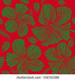 Vector hibiscus flowers and buds retro seamless pattern illustration in green and red colors.