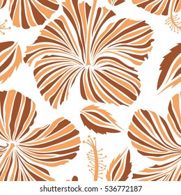 Vector hibiscus flowers and buds retro seamless pattern illustration in white and brown colors on white background.