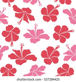 Vector hibiscus flowers and buds retro seamless pattern illustration in pink colors on white background.