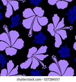 Vector hibiscus flowers and buds retro seamless pattern illustration in violet and blue colors on black background.