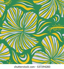 Vector hibiscus flowers and buds retro seamless pattern illustration in green, neutral and yellow colors.