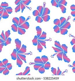 Vector hibiscus flowers and buds retro seamless pattern illustration in blue and pink colors on white background.