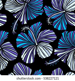Vector hibiscus flowers and buds retro seamless pattern illustration in blue, violet and neutral colors on black background.