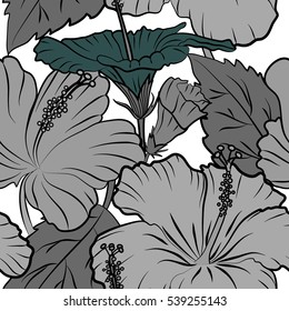 Vector hibiscus flowers and buds retro seamless pattern illustration in blue and gray colors on white background.