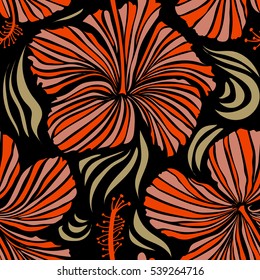 Vector hibiscus flowers and buds retro illustration in orange and pink colors on black background.