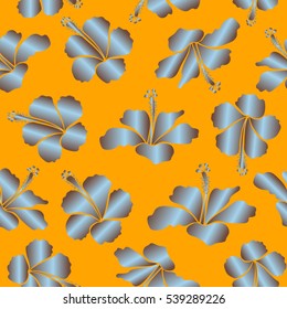Vector hibiscus flowers and buds retro seamless pattern illustration in brown, blue and yellow colors.