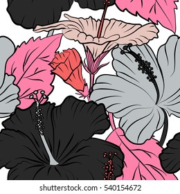Vector hibiscus flowers and buds retro seamless pattern illustration in gray and pink colors on white background.