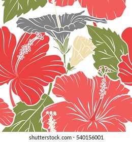 Vector hibiscus flowers and buds retro seamless pattern illustration in green, gray and pink colors on white background.