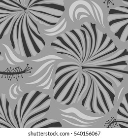 Vector hibiscus flowers and buds retro seamless pattern illustration in gray colors.